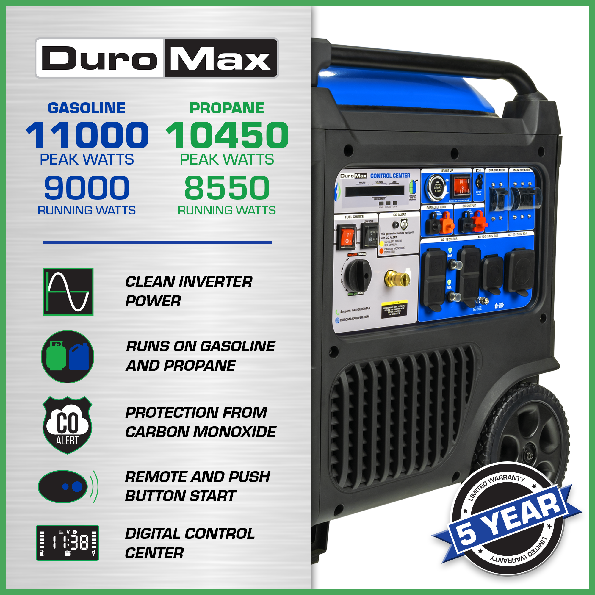 DuroMax XP11000iH 11,000 Watt Portable Dual Fuel Inverter Generator - Quiet, Low THD - Image 2