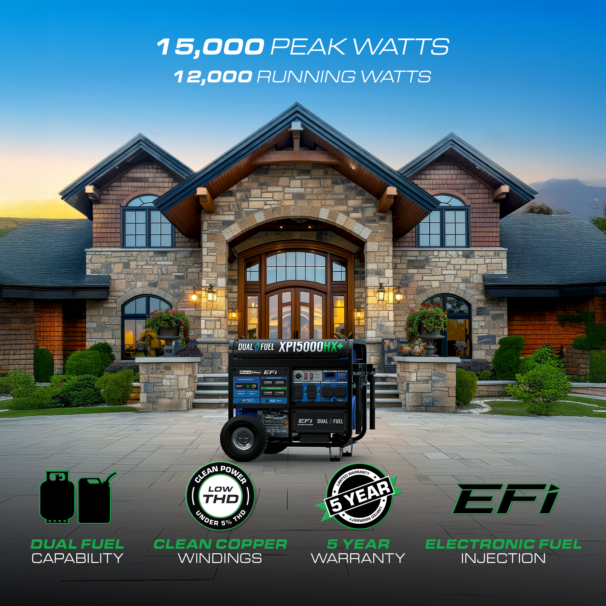 DuroMax XP15000HX+ 15,000W Electric Start Dual Fuel EFI Portable Generator - Image 2