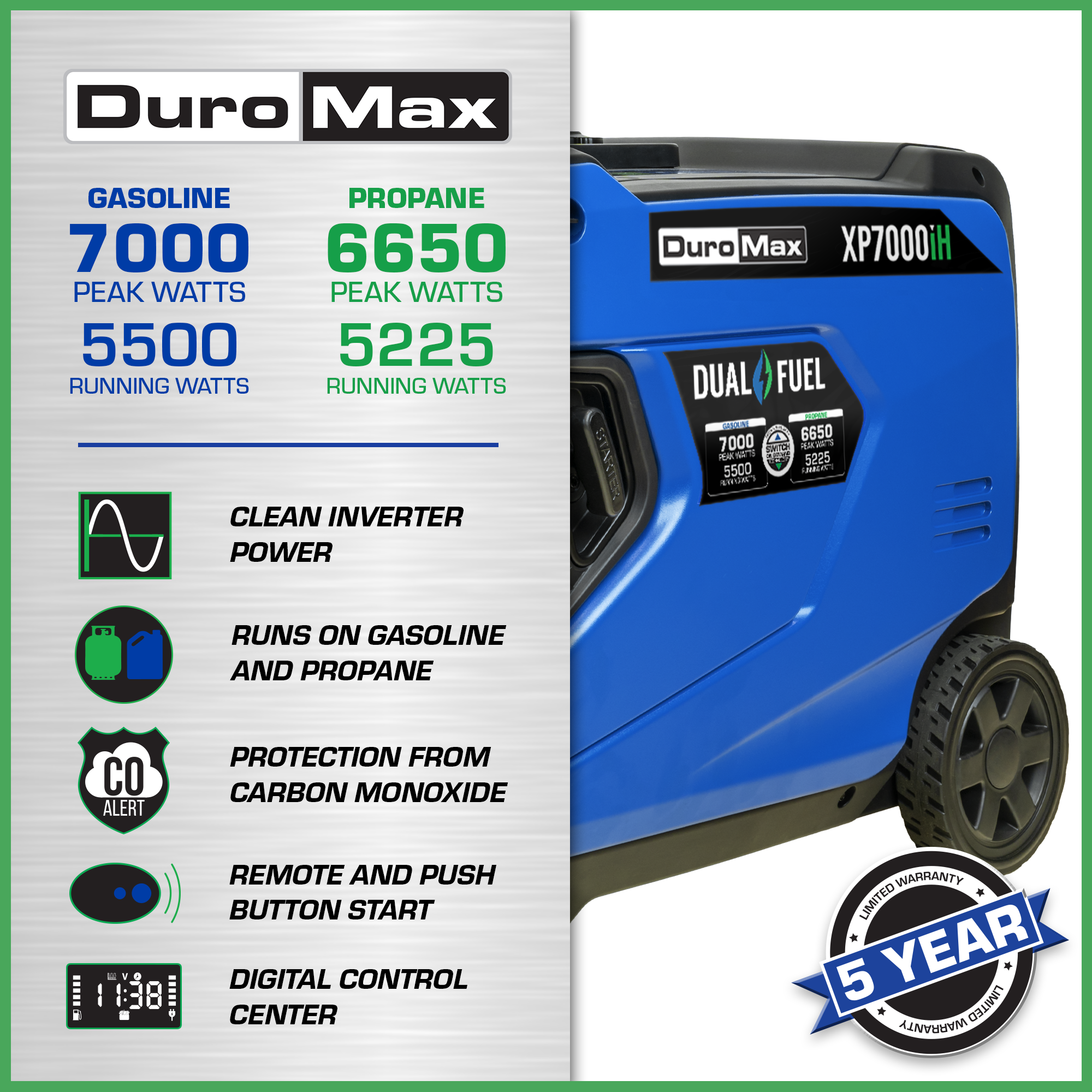 DuroMax XP7000iH 7,000 Watt Portable Dual Fuel Inverter Generator - Quiet, Low THD - Image 2