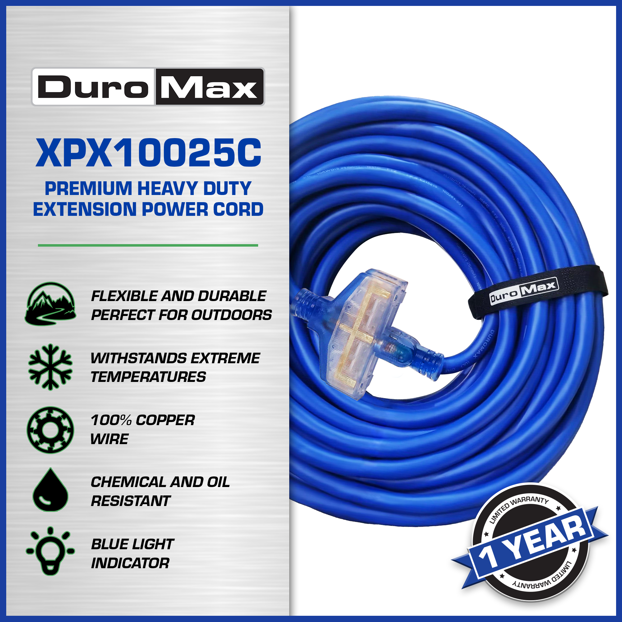 DuroMax XPX10025C Heavy Duty SJEOOW 25-Foot 10 Gauge Blue Triple Tap Extension Power Cord - Image 2
