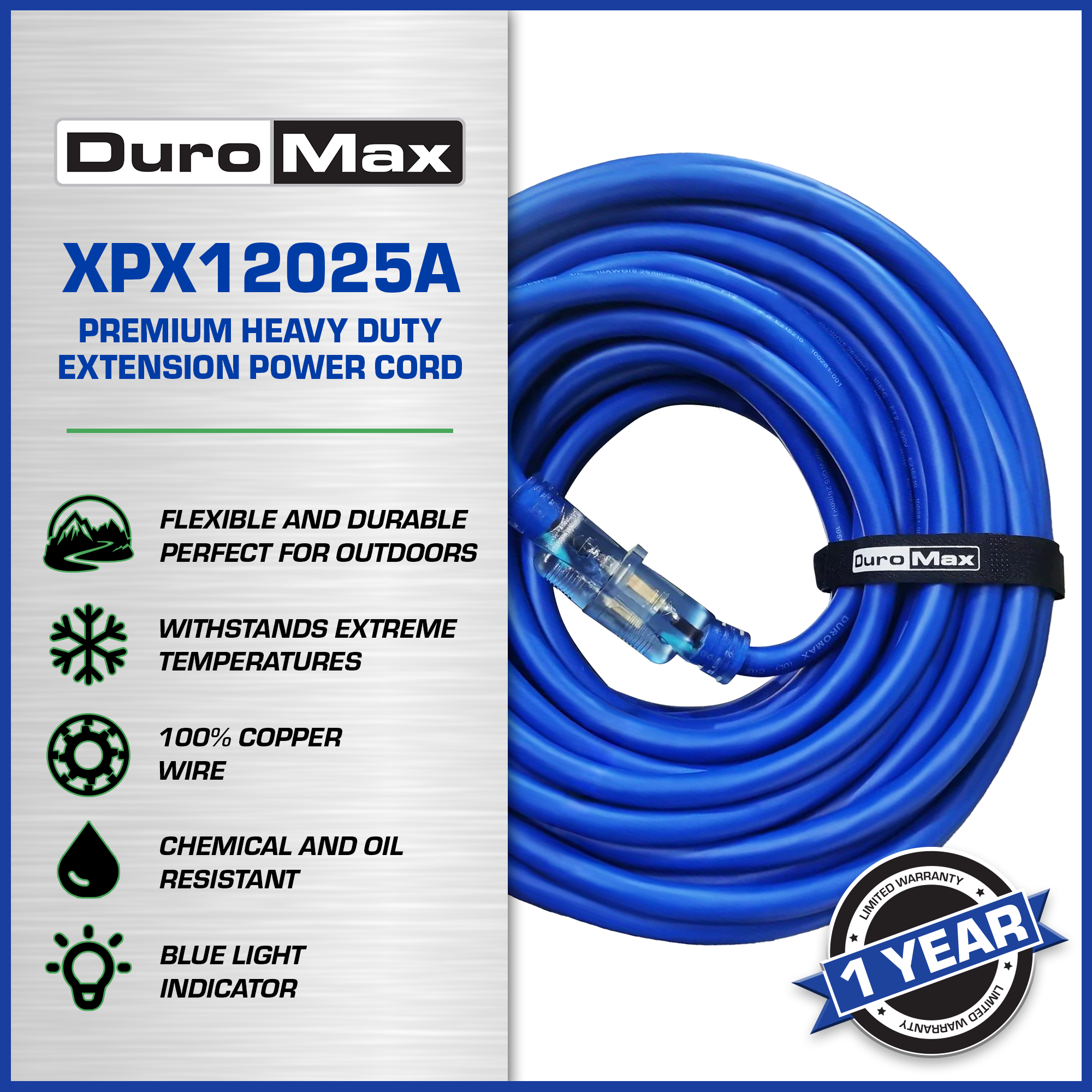 DuroMax XPX12025A Heavy Duty SJEOOW 25-Foot 12 Gauge Blue Single Tap Extension Power Cord - Image 2